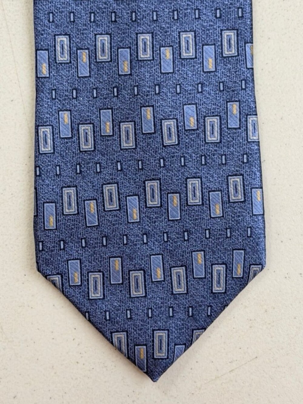 Vintage Blue Geometric Pattern Silk Tie 90s Rectangle Print Men's Neckwear
